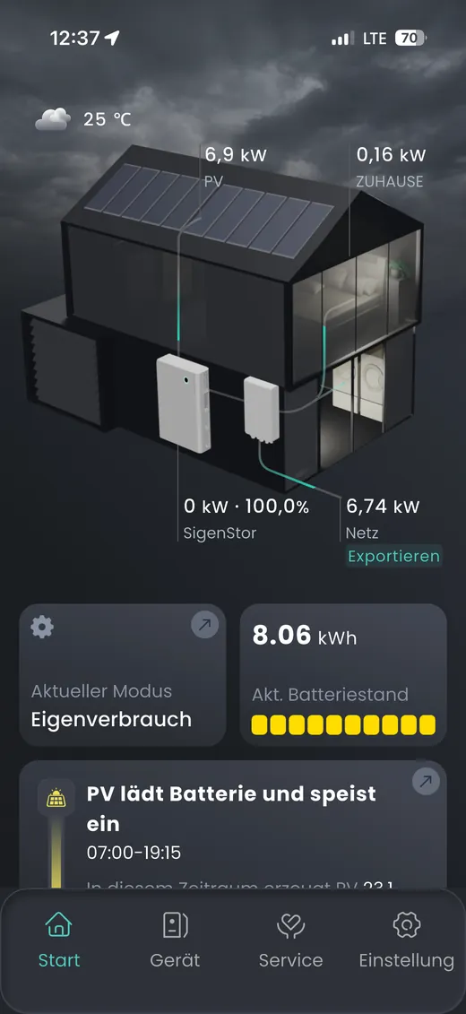 mySigen App mit Energiefluss eines Hauses, Batteriestand und KI-Modus